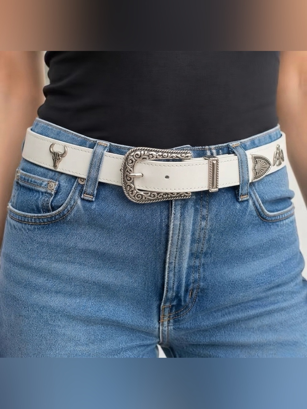 Vintage 1980s White Western Concho Belt Size L – Silver Southwestern Charms